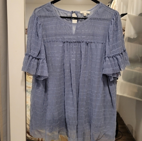 Max Studio Womens Cambray Stripe Sheer-yoke Crew Neck Blouse Size L - Picture 3 of 6